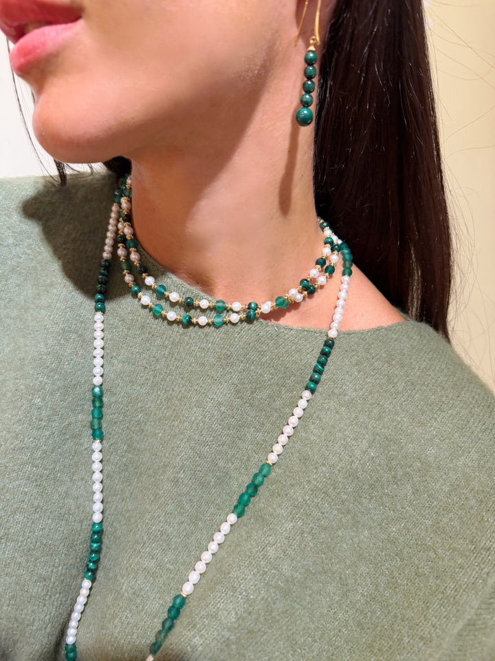 Freshwater Pearl With Green Malachite And Agate Long Necklace SN027