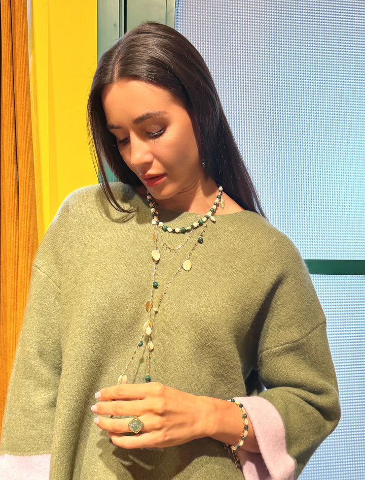 Natural-Inspired Pearl With Shell Leaves And Malachite Open Ended Necklace SN029