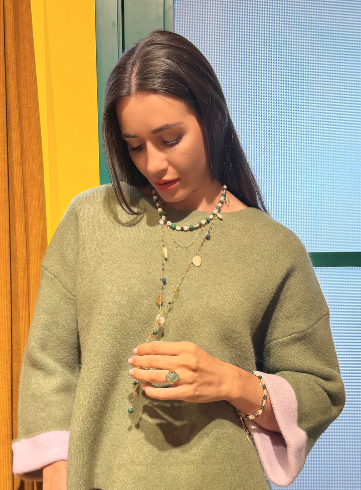 Boho Chic Malachite With Leaves Shell And Pearls Layered Necklace SN028