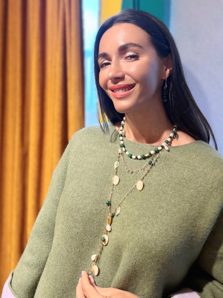 Natural-Inspired Pearl With Shell Leaves And Malachite Open Ended Necklace SN029