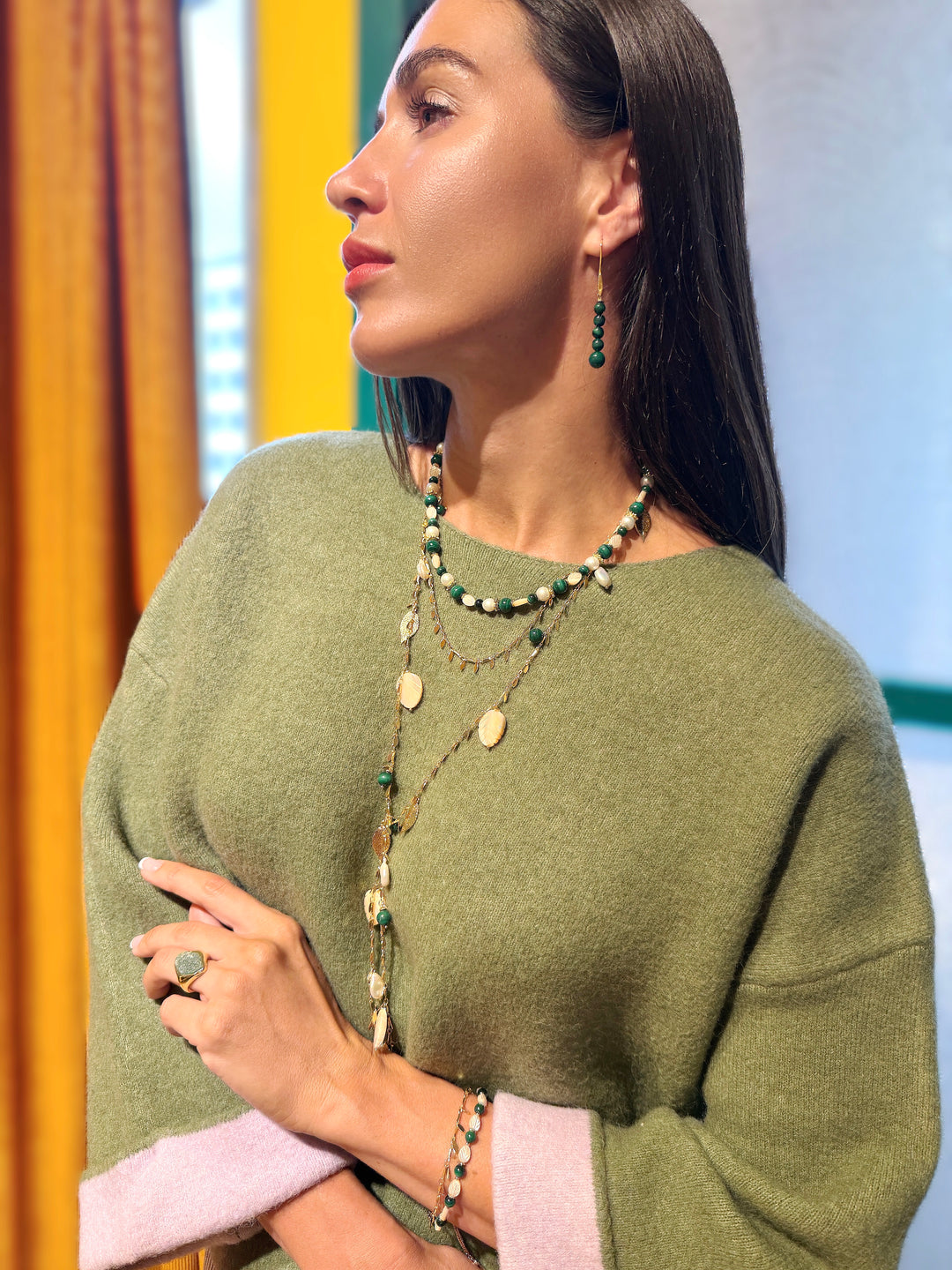 Malachite Beaded Threader Earrings SE016
