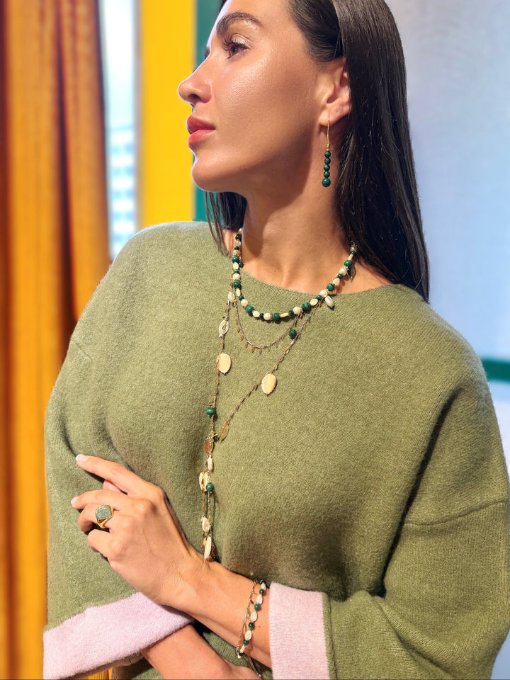 Natural-Inspired Pearl With Shell Leaves And Malachite Open Ended Necklace SN029