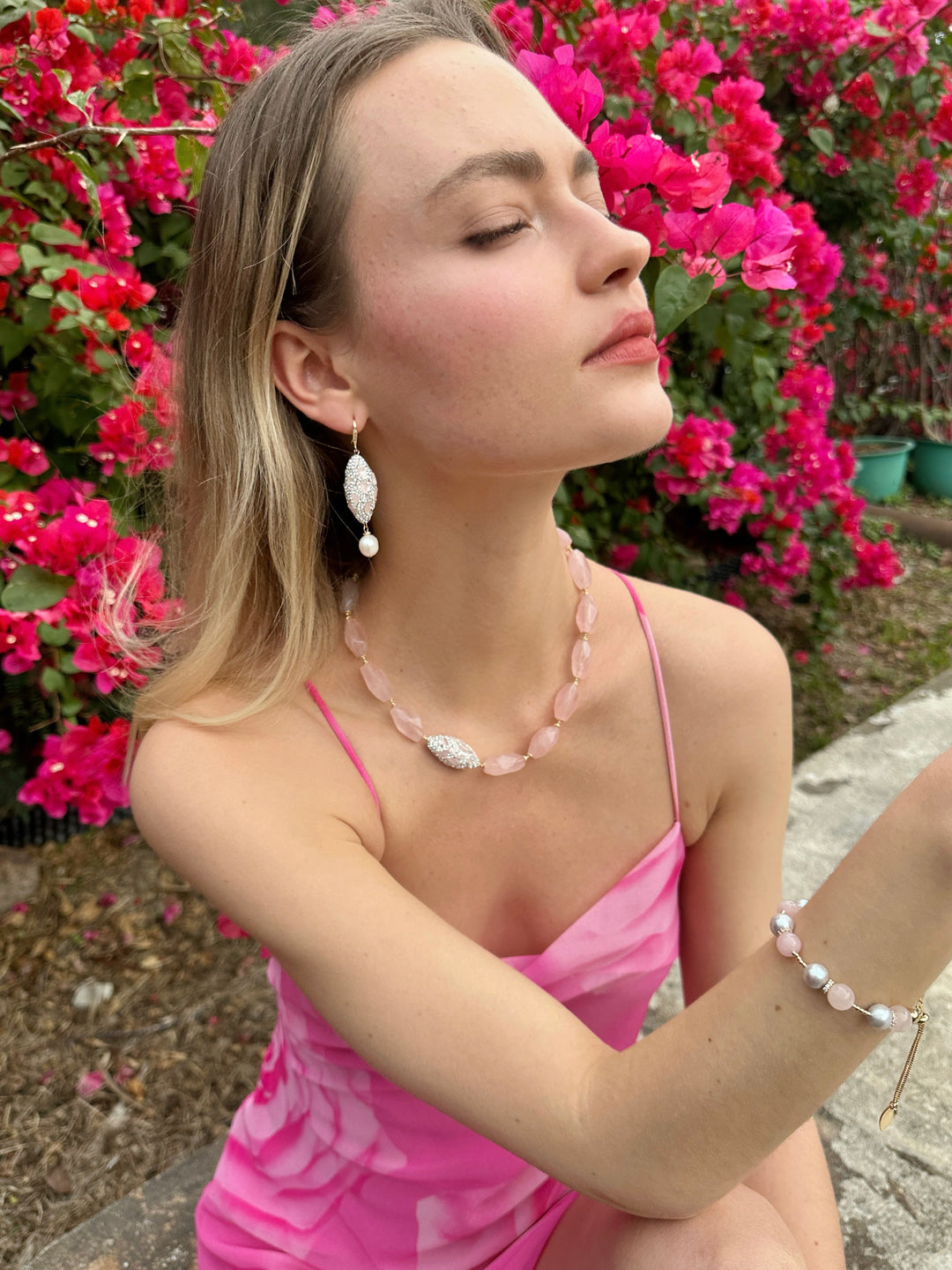 Rose Quartz Rhinestone and Freshwater Pearls Earrings LE007 - FARRA