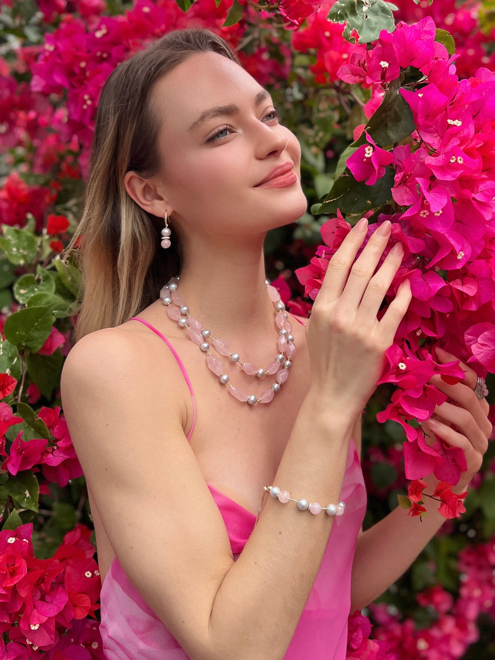 Pink Rose Quartz and Gray Freshwater Pearls Adjustable Bracelet LB003 - FARRA