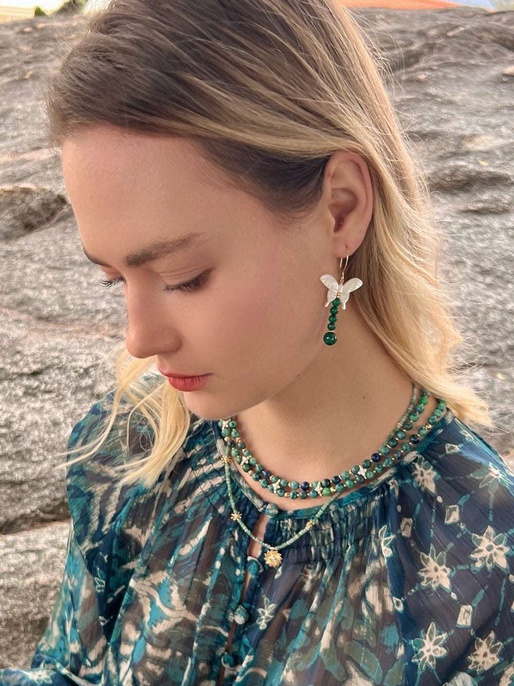 Butterfly-Shaped Shell with Malachite Statement Earrings LE034 - FARRA