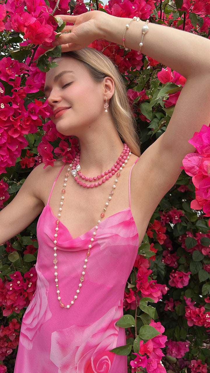 Pink Gemstone With Baroque Pearls Double Layers Necklace LN004 - FARRA