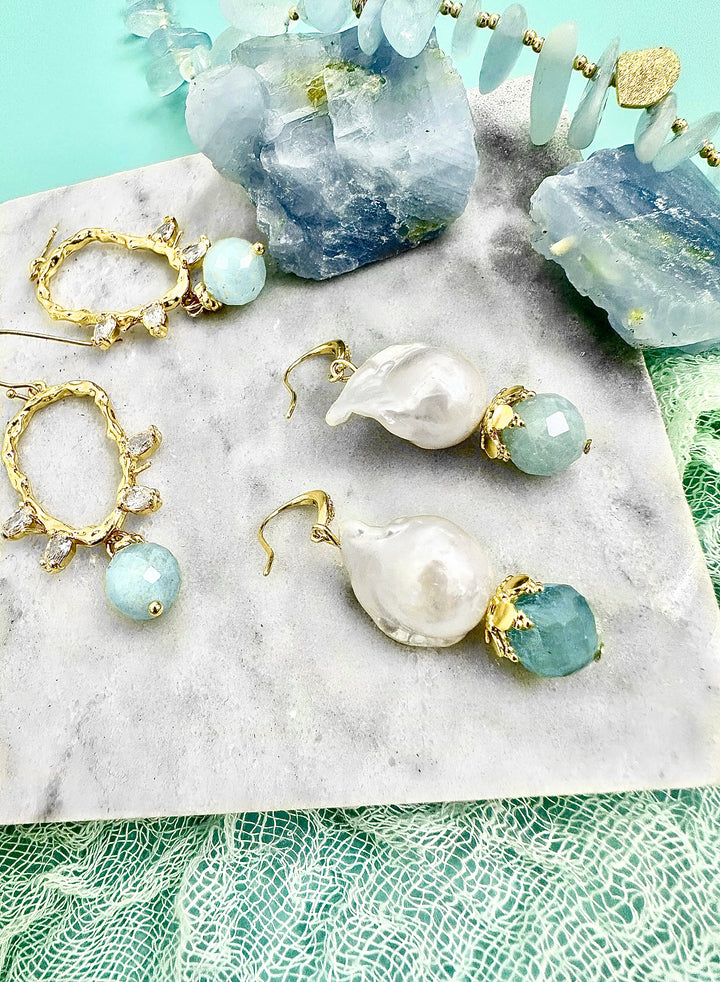 Baroque Pearl With Aquamarine Dangle Earrings JE033 - FARRA