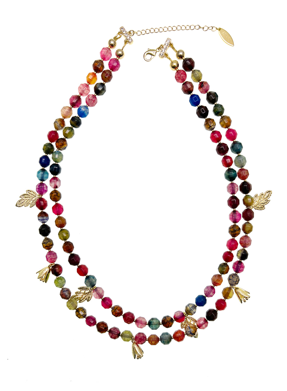 Double Layers Colorful Agate Necklace with Flower and Leaves Charms JN006 - FARRA