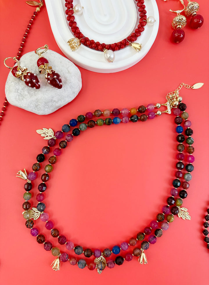 Double Layers Colorful Agate Necklace with Flower and Leaves Charms JN006 - FARRA