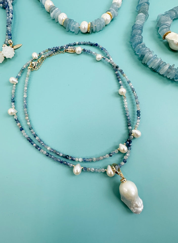 Kyanite with Removable Baroque Pearls Pendant Versatile Necklace JN040 - FARRA