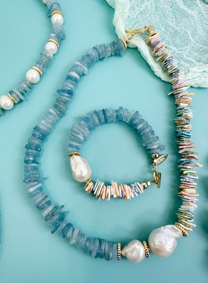 Aquamarine And Colorful Shell With Baroque Pearl Necklace JN042 - FARRA