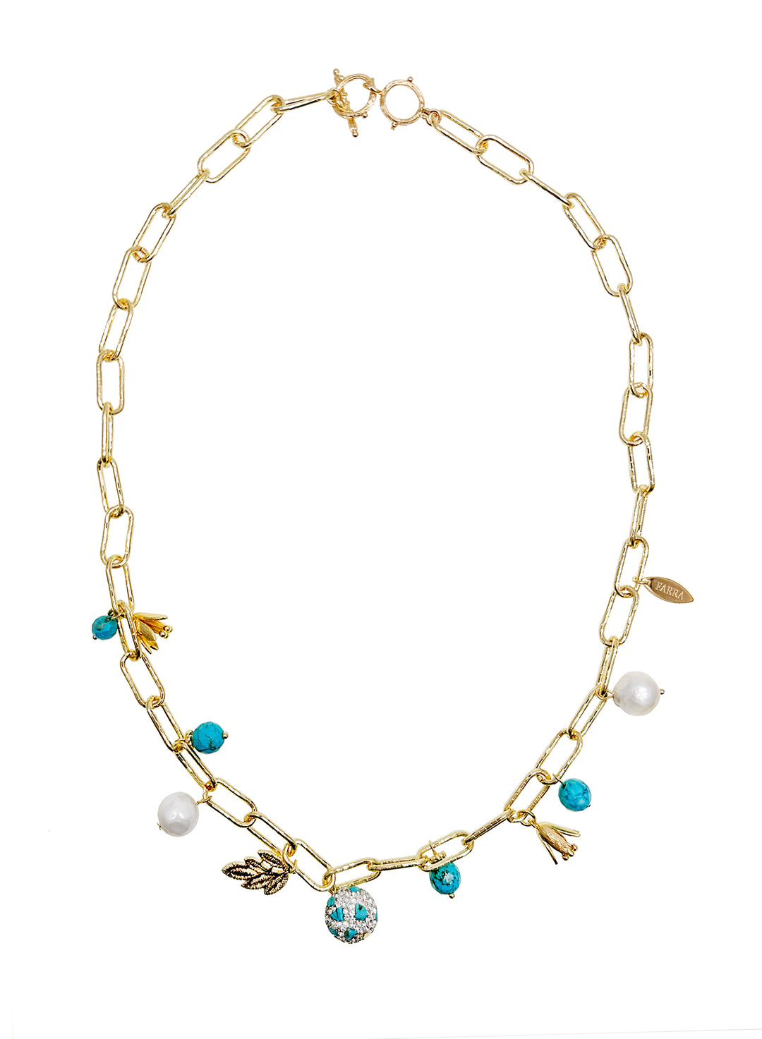 Gold Chain with Turquoise and Pearls Necklace JN053 - FARRA