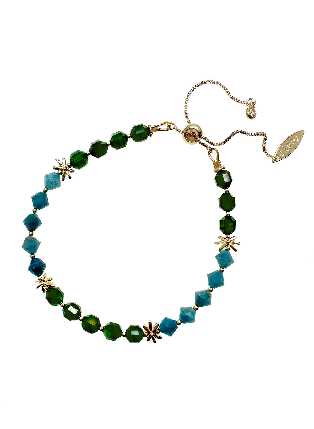 gold necklace, gemstone light, apatite bracelet