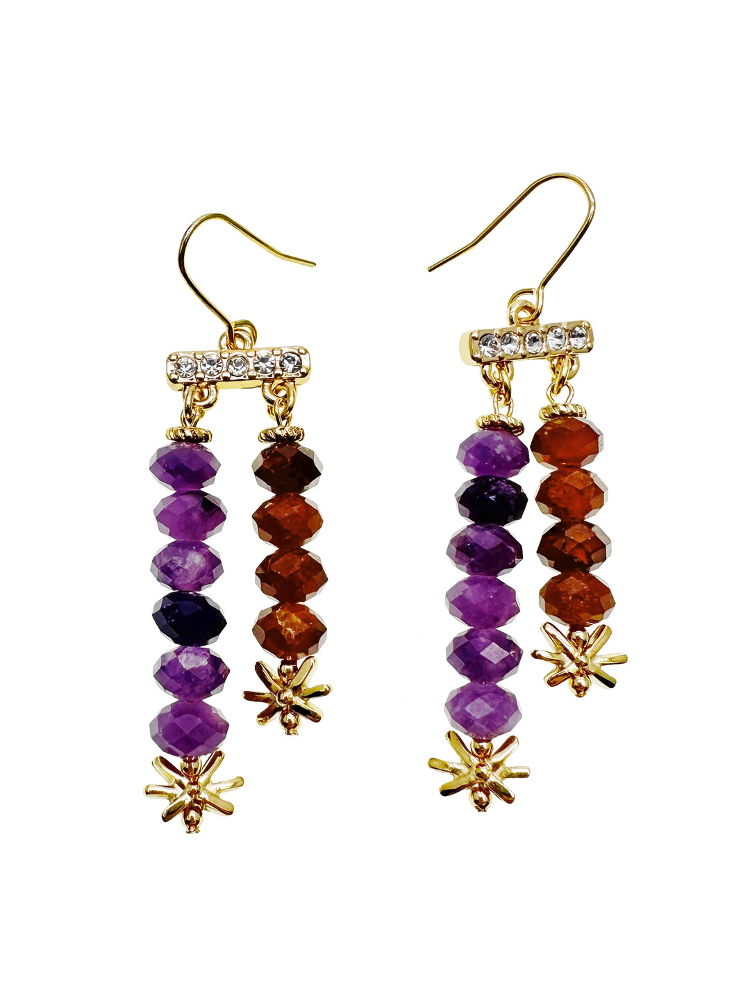  Crafted with precision and attention to detail, these earrings showcase the stunning combination of rich amethyst and vibrant orange garnet gemstones. 