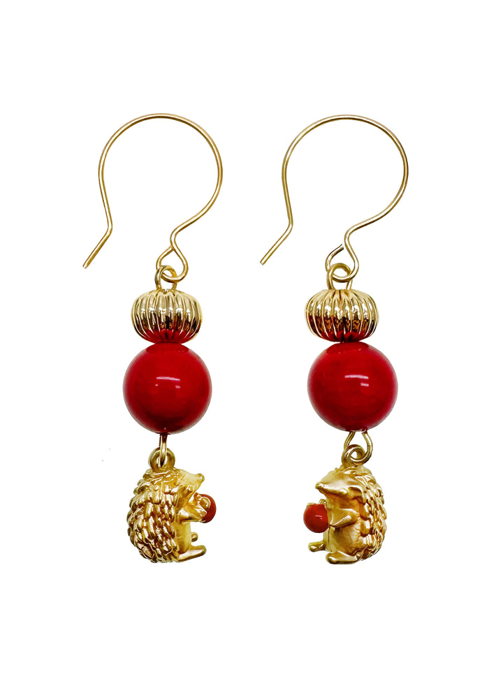 Red Bamboo With Hedgehog Dangle Earrings KE030 - FARRA