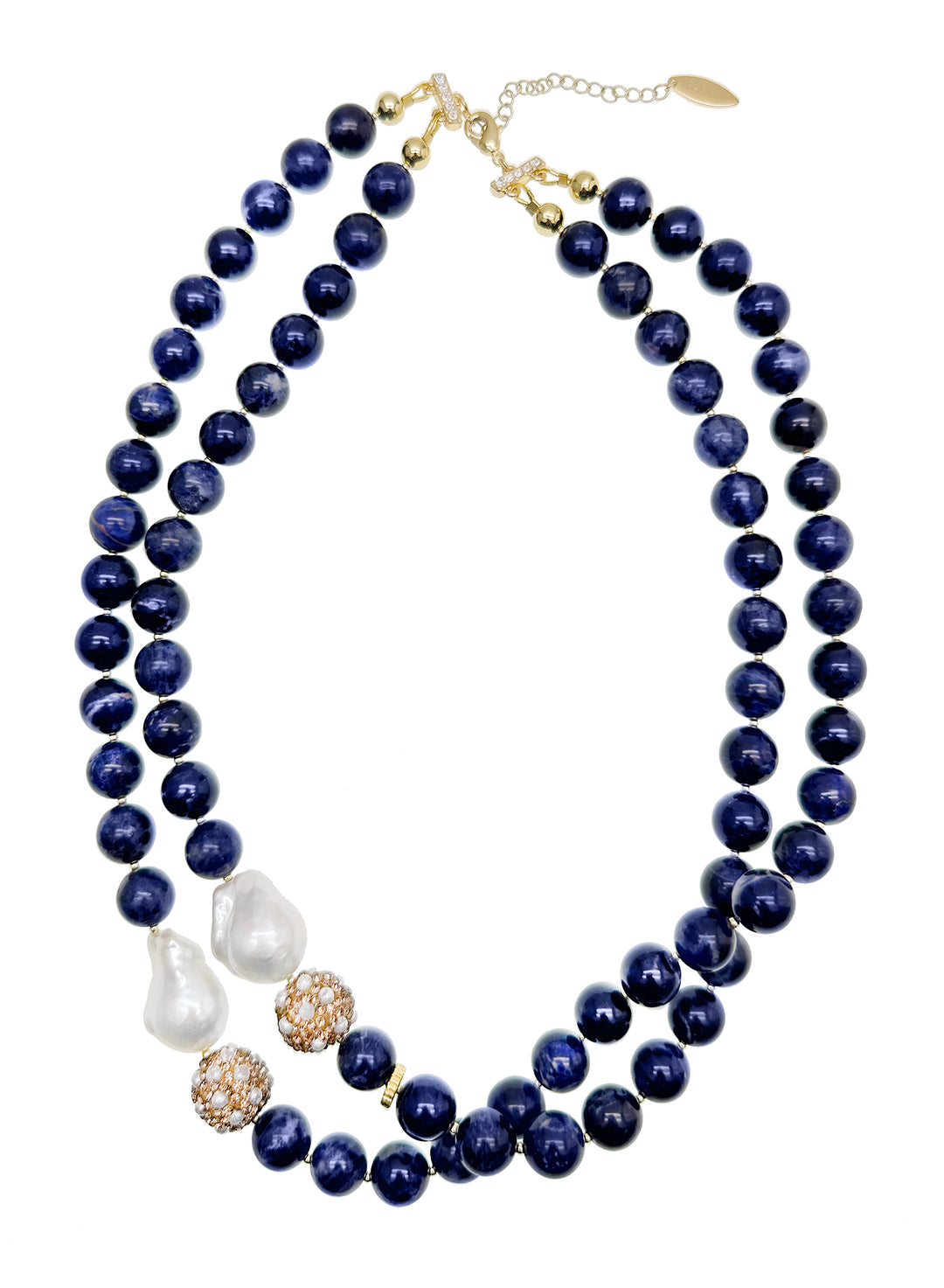 Blue Sodalite With Baroque Pearl And Rhinestones Double Strands Necklace KN019 - FARRA