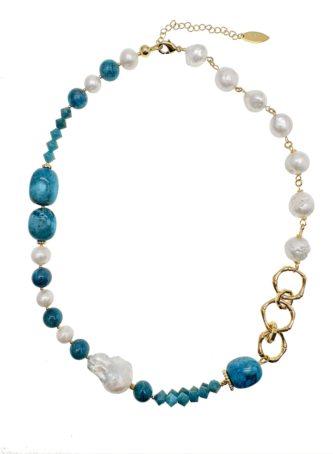 Blue Agate With Baroque Pearls Stylish Necklace KN022 - FARRA