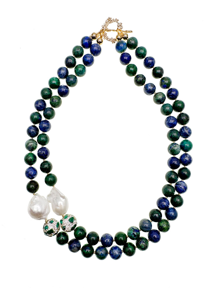 Phoenix Lapis With Baroque Pearls Double Strands Statement Necklace KN023 - FARRA