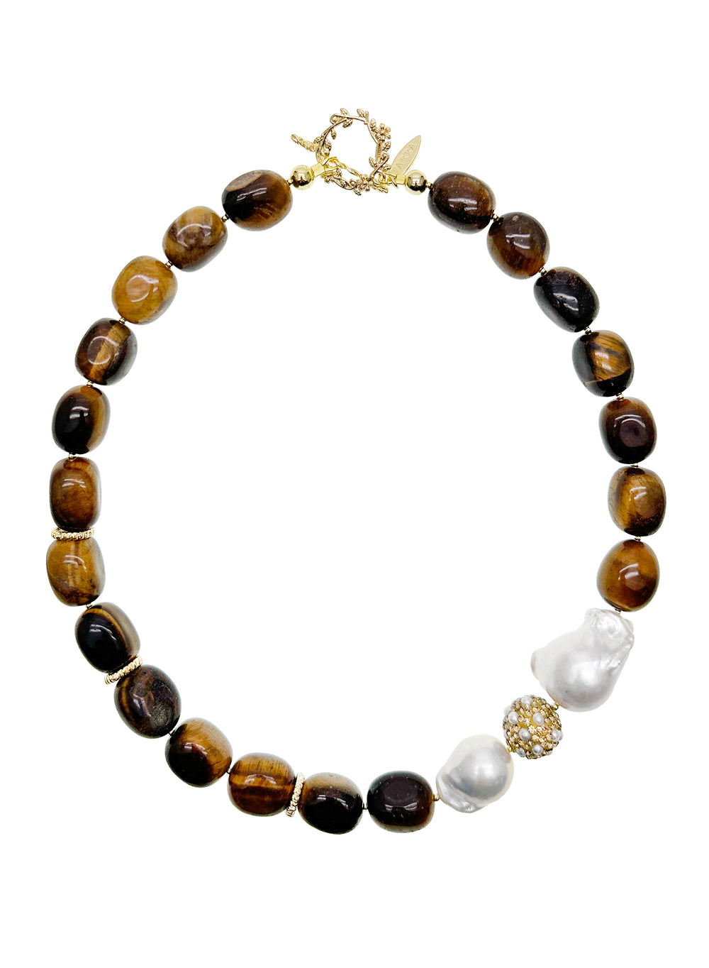 Tiger-eye With Baroque Pearls Statement Necklace KN037 - FARRA