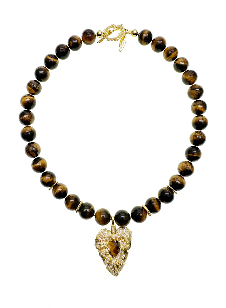 Tiger Eye Stone With Leaf Pendant Necklace KN038 - FARRA