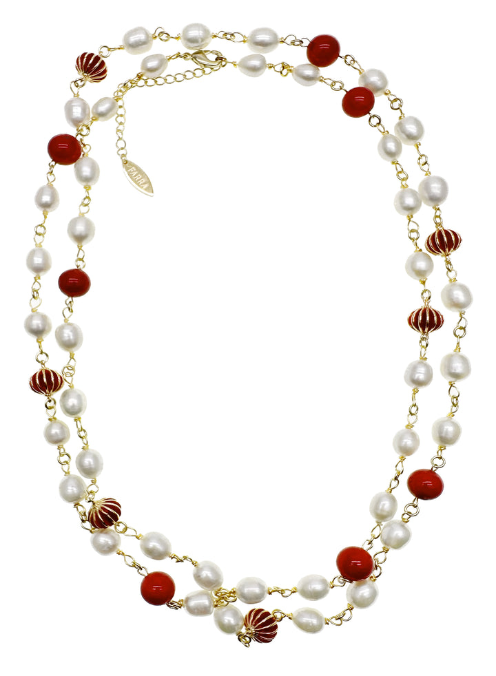 Freshwater Pearls With Red Bamboo Coral Multi-Way Chain Necklace KN049 - FARRA