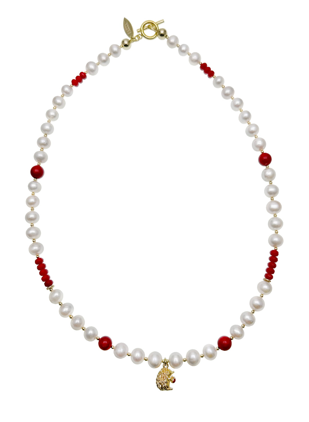 Freshwater Pearls With Red Bamboo Corals Hedgehog Charm Short Necklace KN050 - FARRA