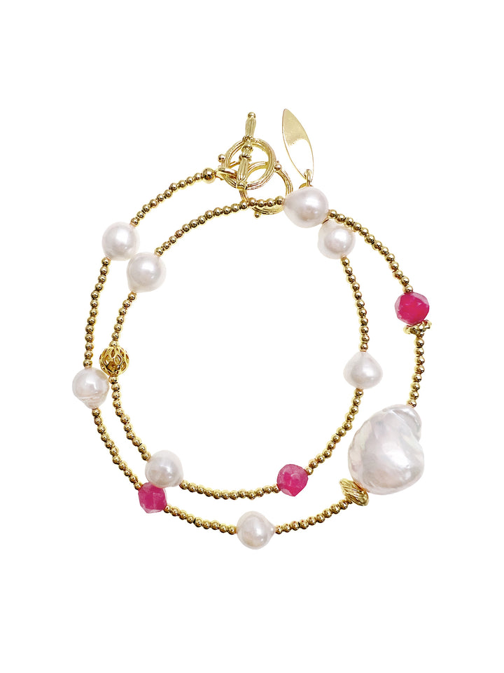 Baroque Pearls With Pink Gemstones Double Layers Bracelet/ Choker LB001