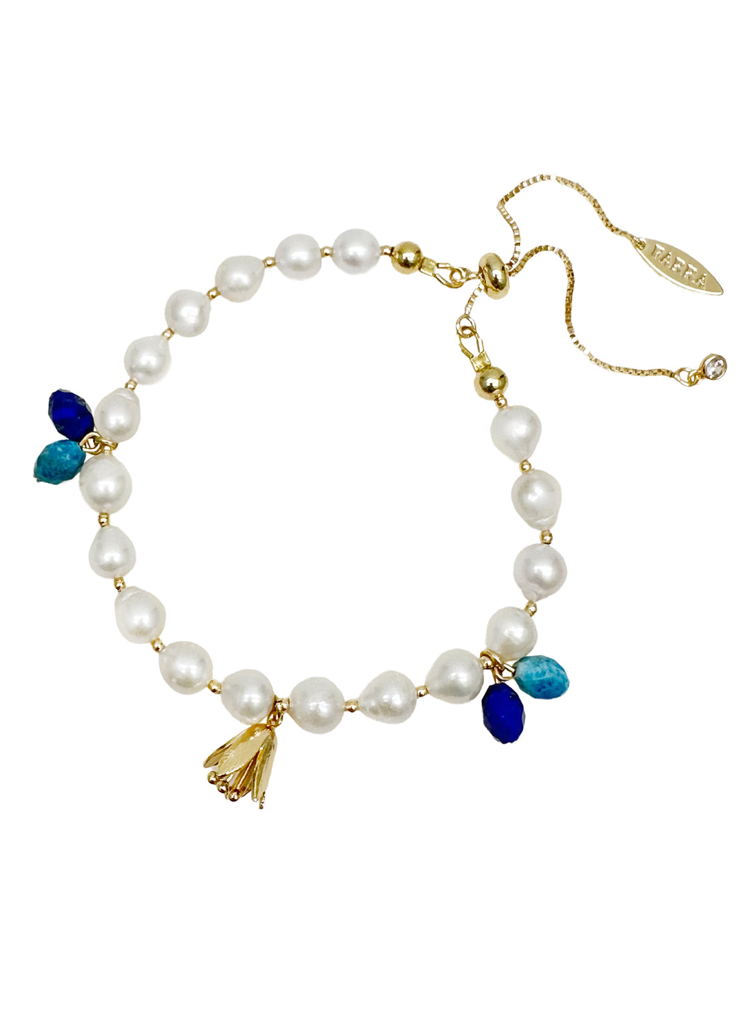 Freshwater Pearls With Blue Gemstone and Flower Charms Bracelet LB008 - FARRA