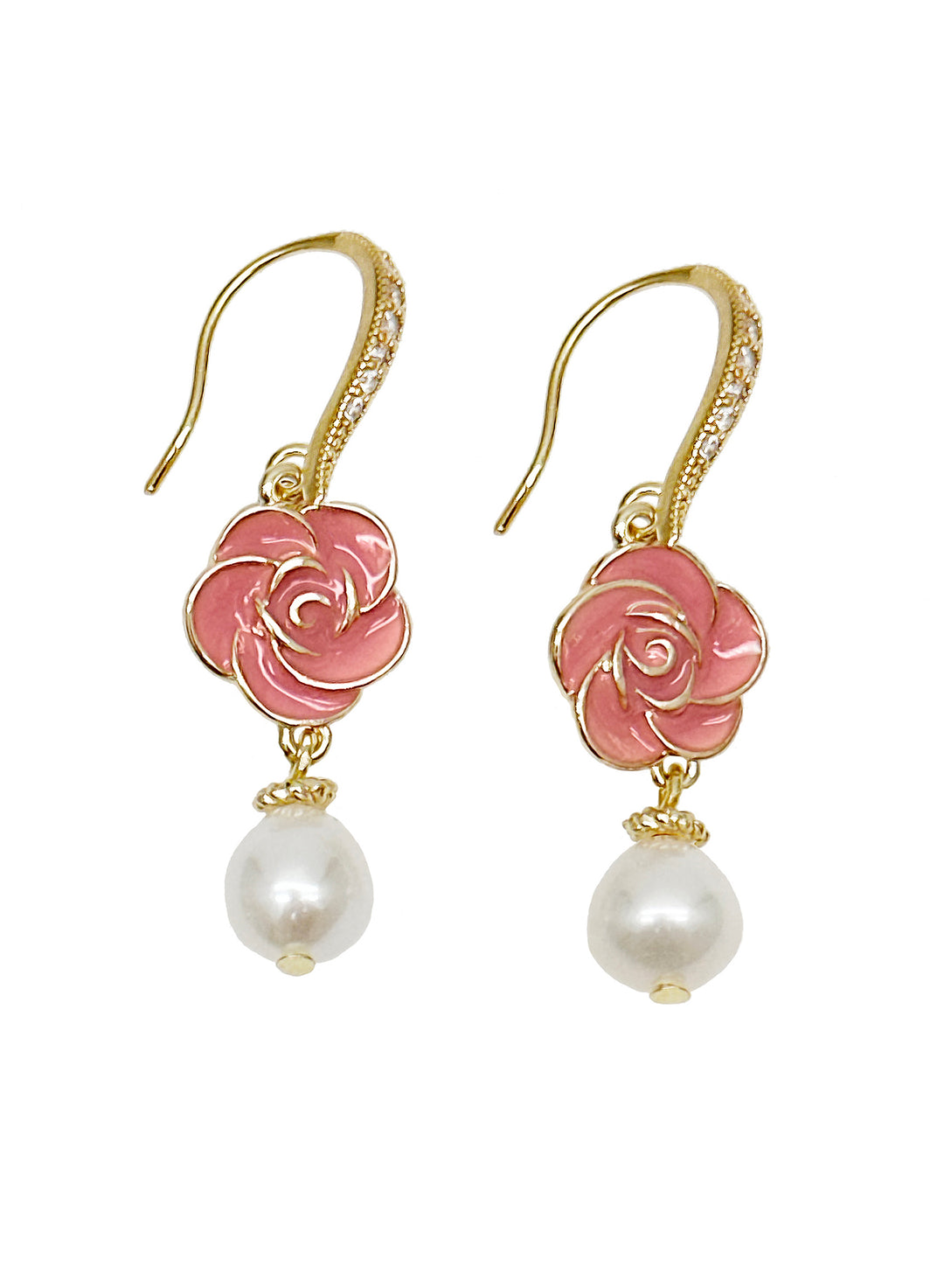 Timeless Pink Rose with Freshwater Pearls Dangle Earrings LE003 - FARRA