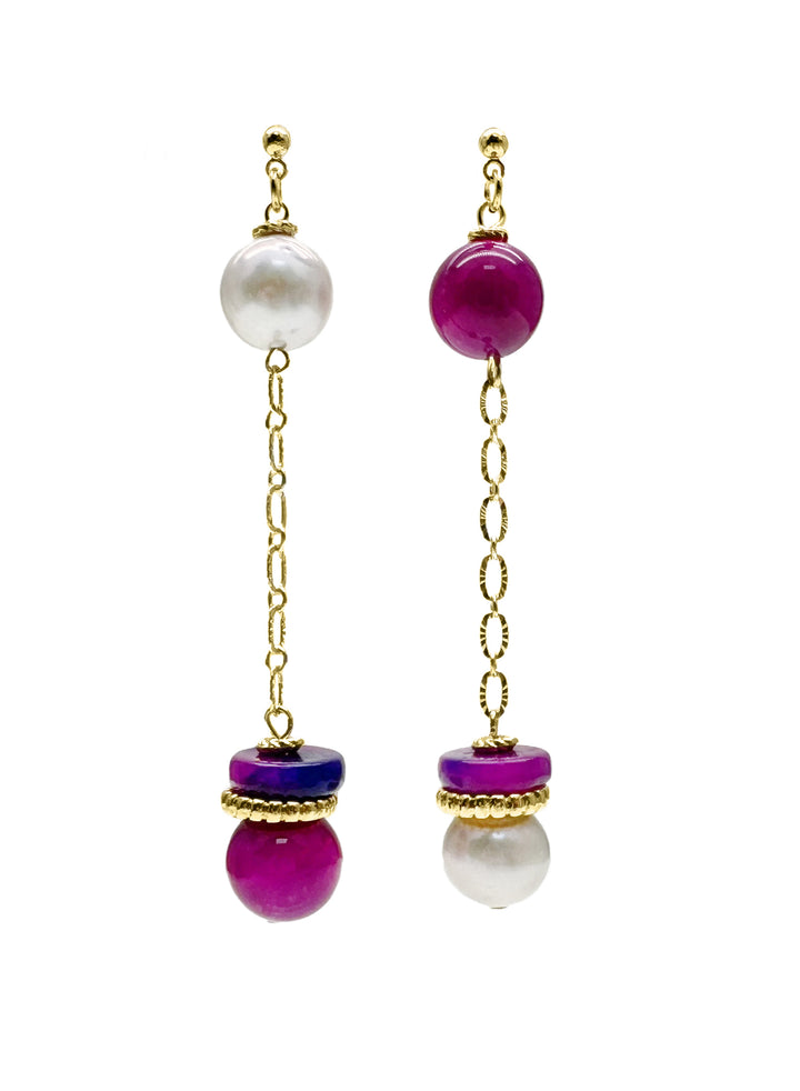 Gray Freshwater Pearls and Magenta Gemstone Dangle Earrings LE008 - FARRA