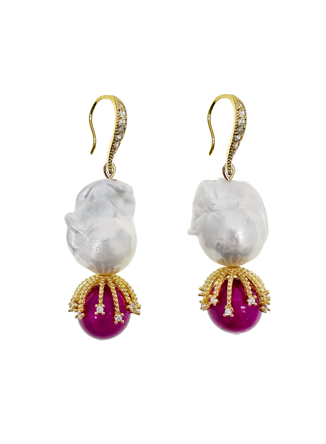 Baroque Pearls and Magenta Gemstone Earrings LE009 - FARRA