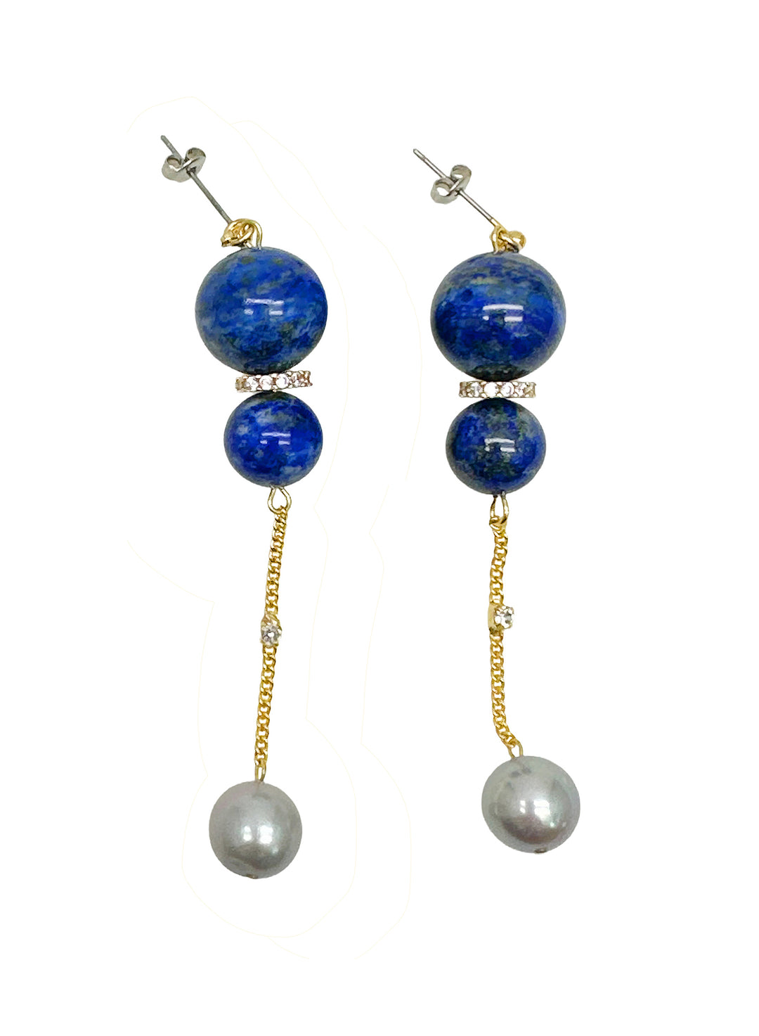 Stylish Blue Lapis and Gray Freshwater Pearls Dangle Earrings LE027 - FARRA