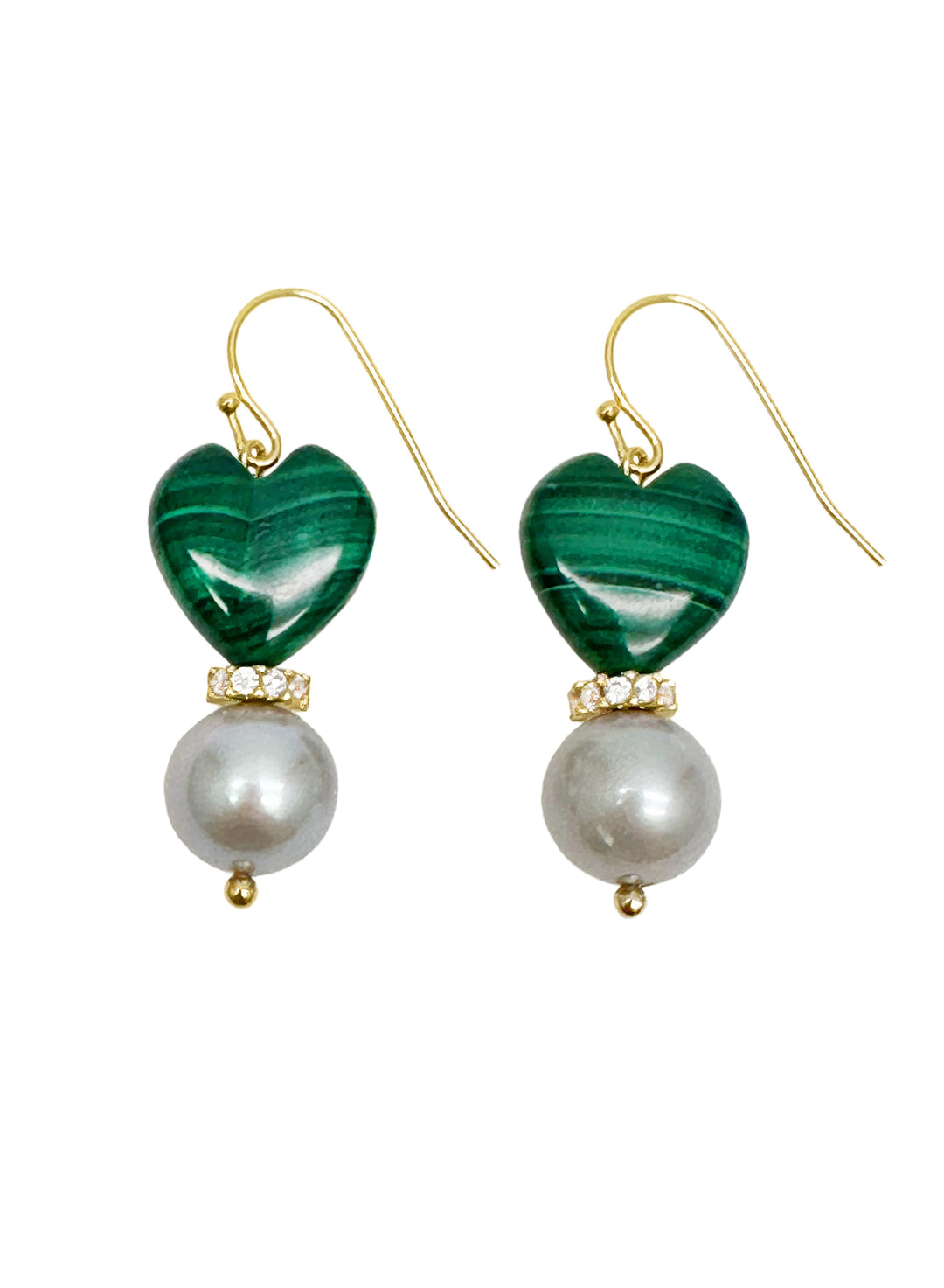 Heart Malachite with Gray Freshwater Pearls Dangle Earrings LE031 - FARRA