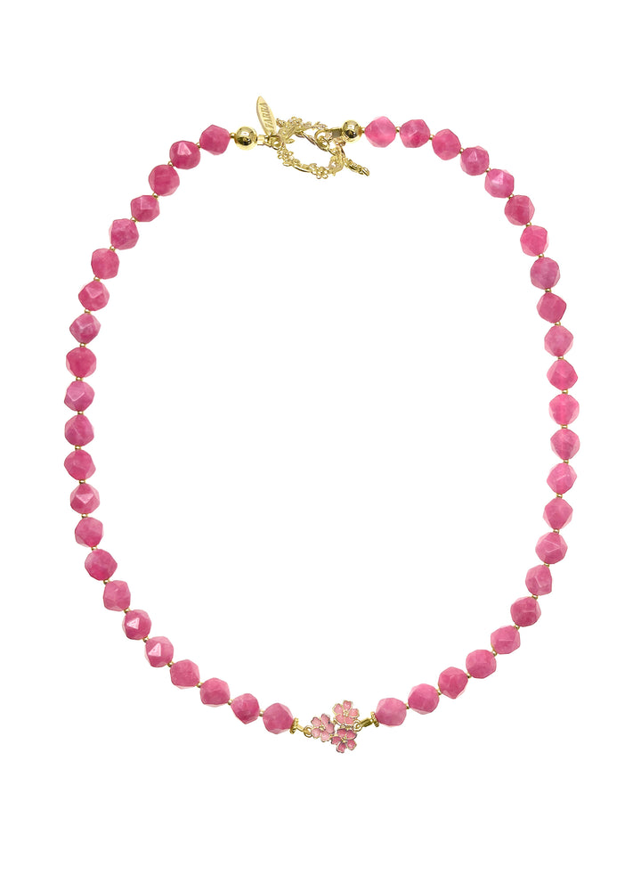 Pink Faceted Gemstone With Flower Pendant Necklace LN002 - FARRA