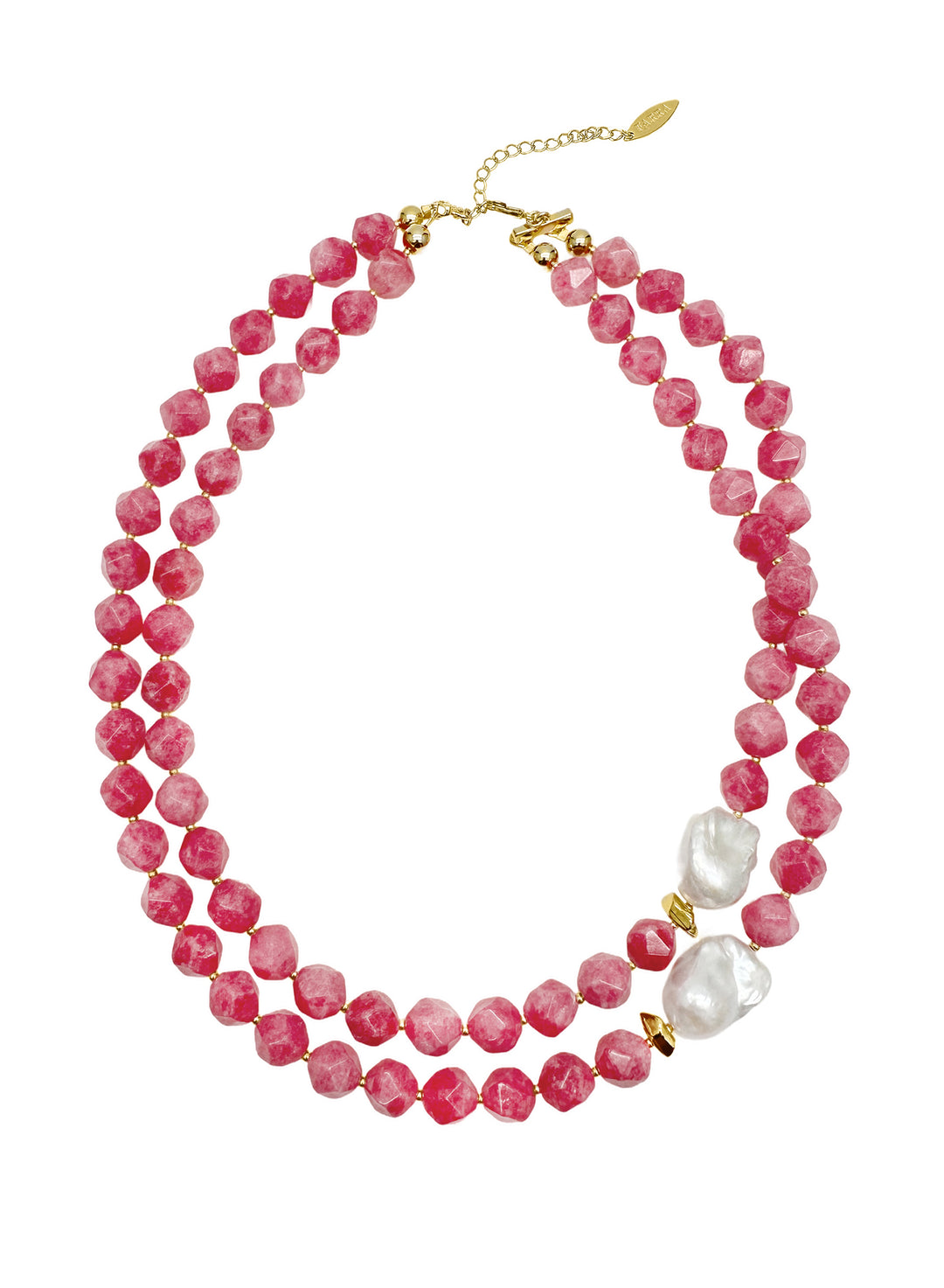Pink Gemstone With Baroque Pearls Double Layers Necklace LN004 - FARRA