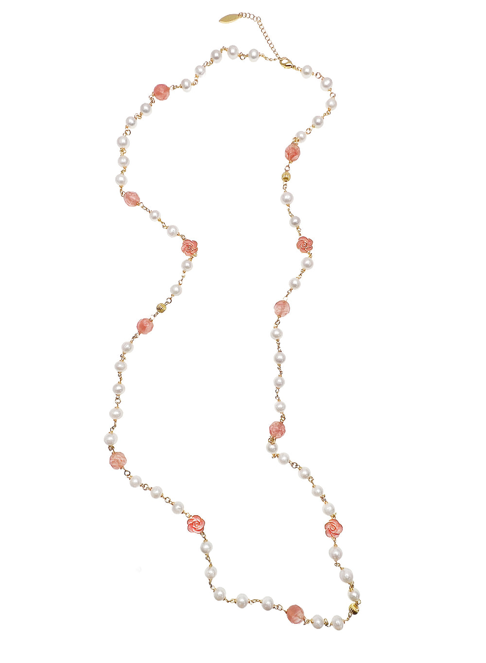 Freshwater Pearls And Pink Watermelon Quartz With Rose Charms Long Necklace LN006 - FARRA
