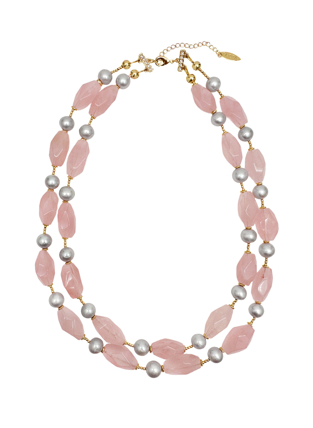Pink Rose Quartz and Gray Freshwater Pearls Double Layers Necklace LN007 - FARRA