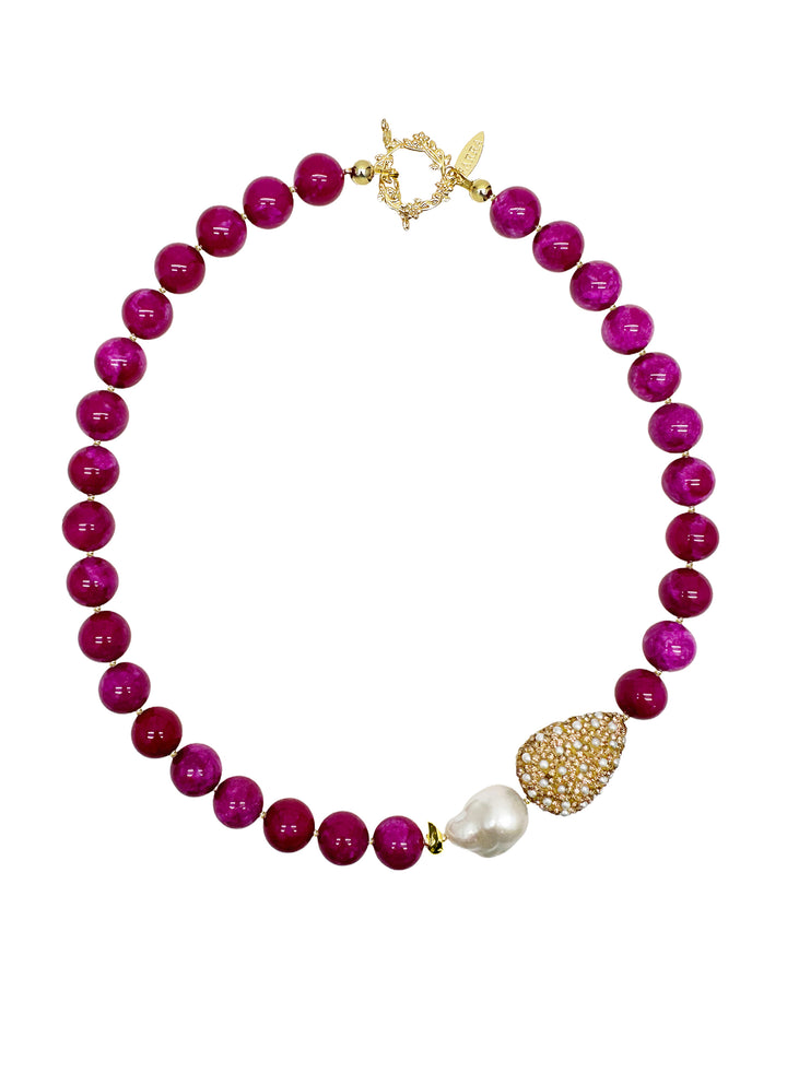 Magenta Gemstone with Baroque Pearl Pendant Statement Necklace LN013 - FARRA