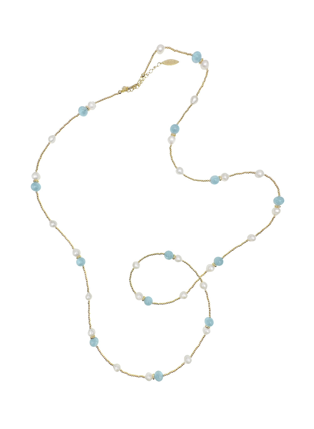 Aquamarine and Freshwater Pearls Long Necklace LN023 - FARRA