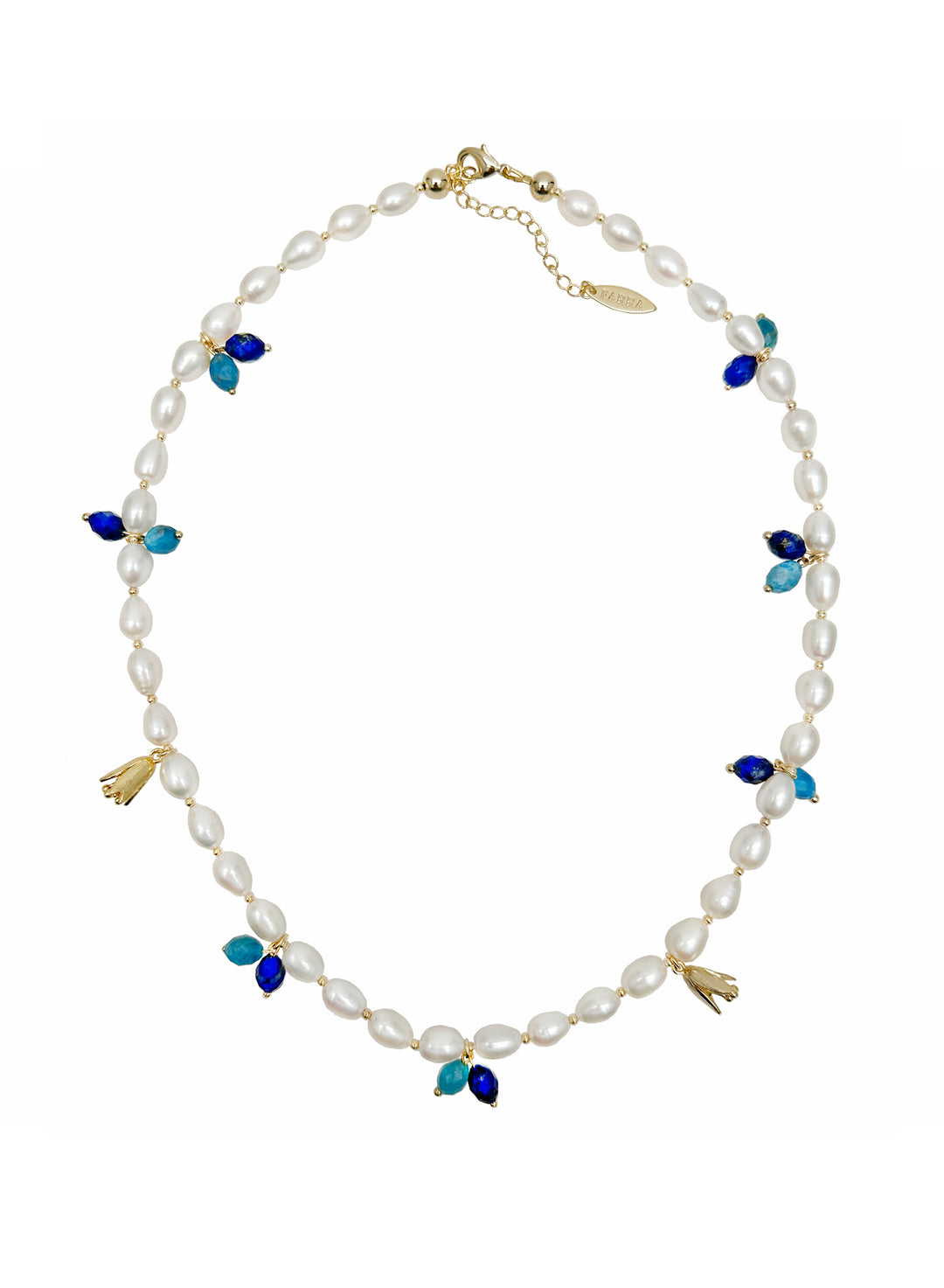 Freshwater Pearls with Blue Gemstone and Flower Charms Necklace LN029 - FARRA