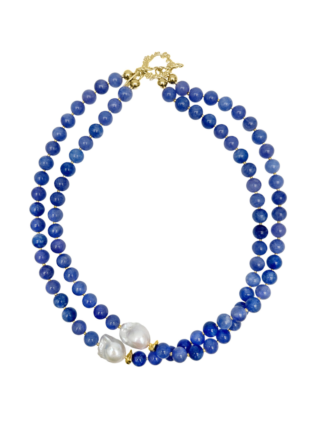 Blue Jade with Baroque Pearls Double Layers Necklace LN034 - FARRA