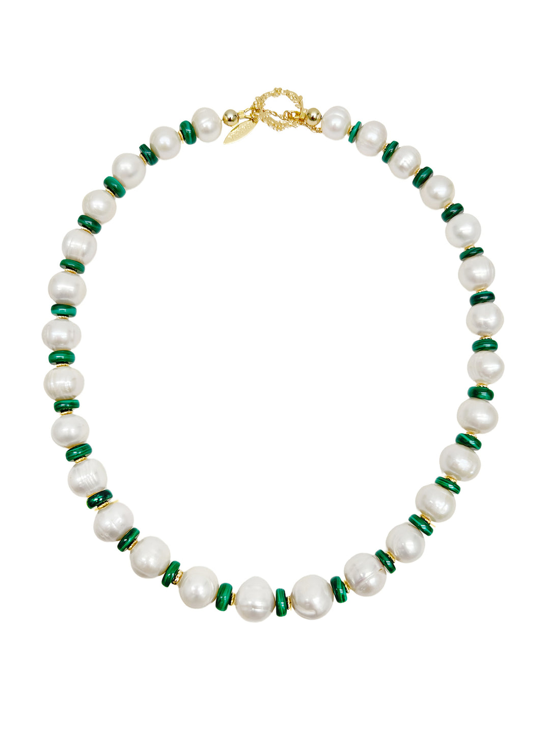 Freshwater Pearls with Green Malachite Beads Spacer Necklace LN042 - FARRA
