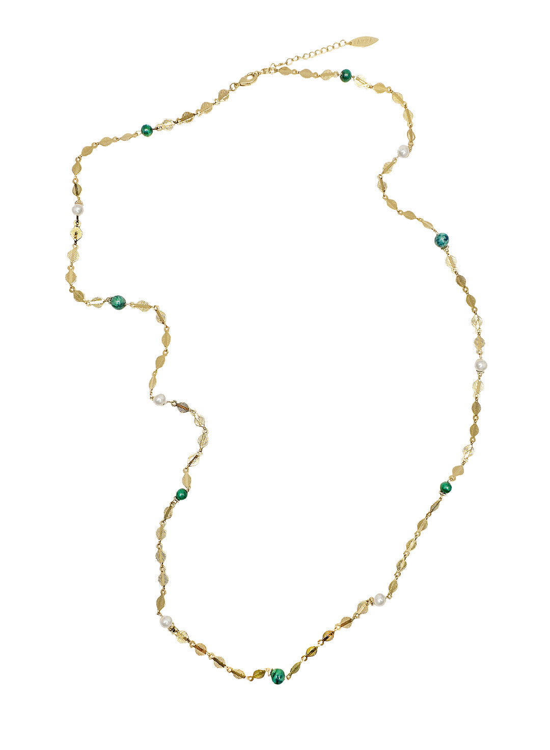 Gold Chain with Green Gemstones and White Pearls Long Necklace LN046 - FARRA