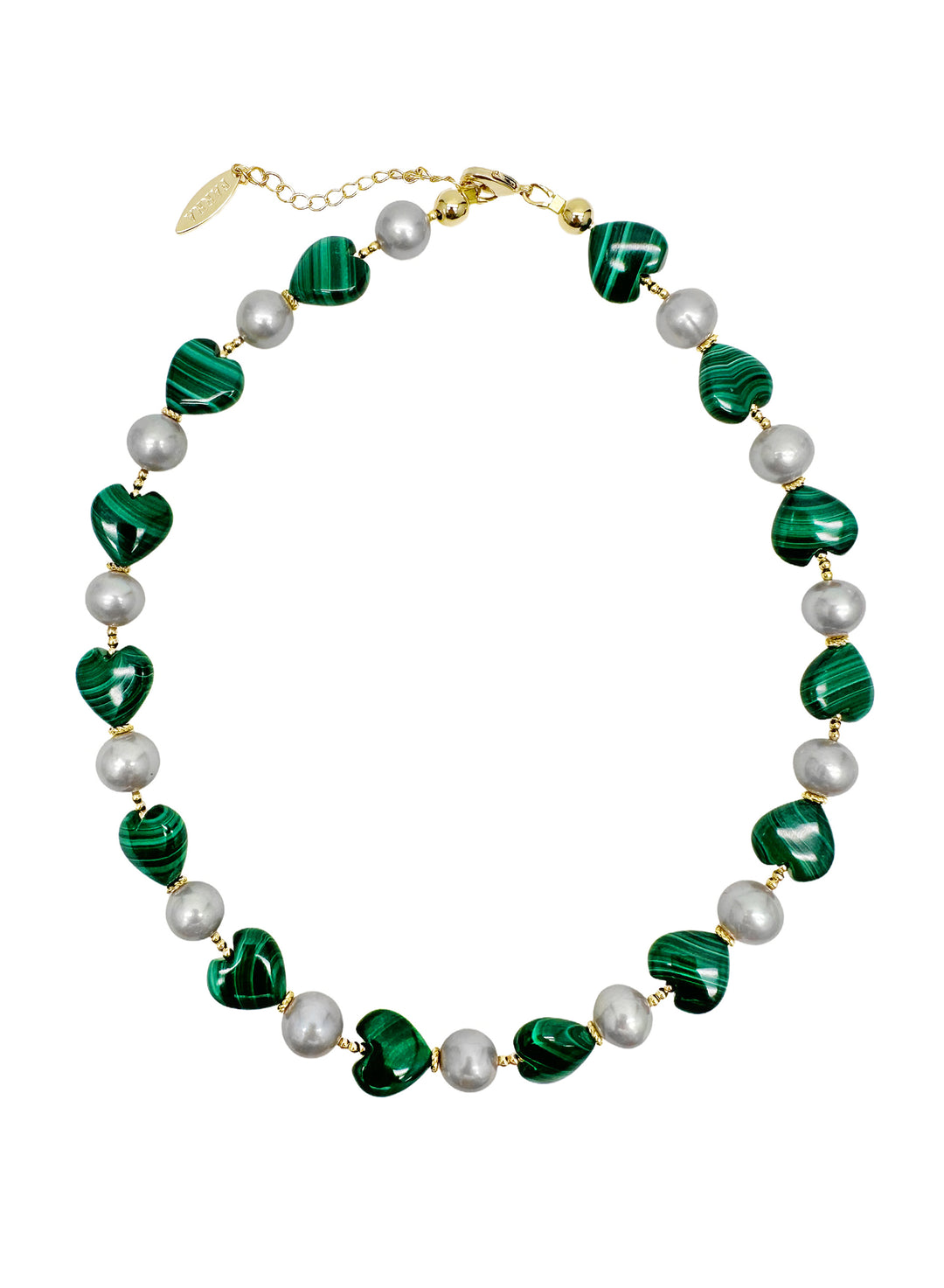 Heart-Shaped Malachite with Gray Freshwater Pearls Statement Necklace LN047 - FARRA