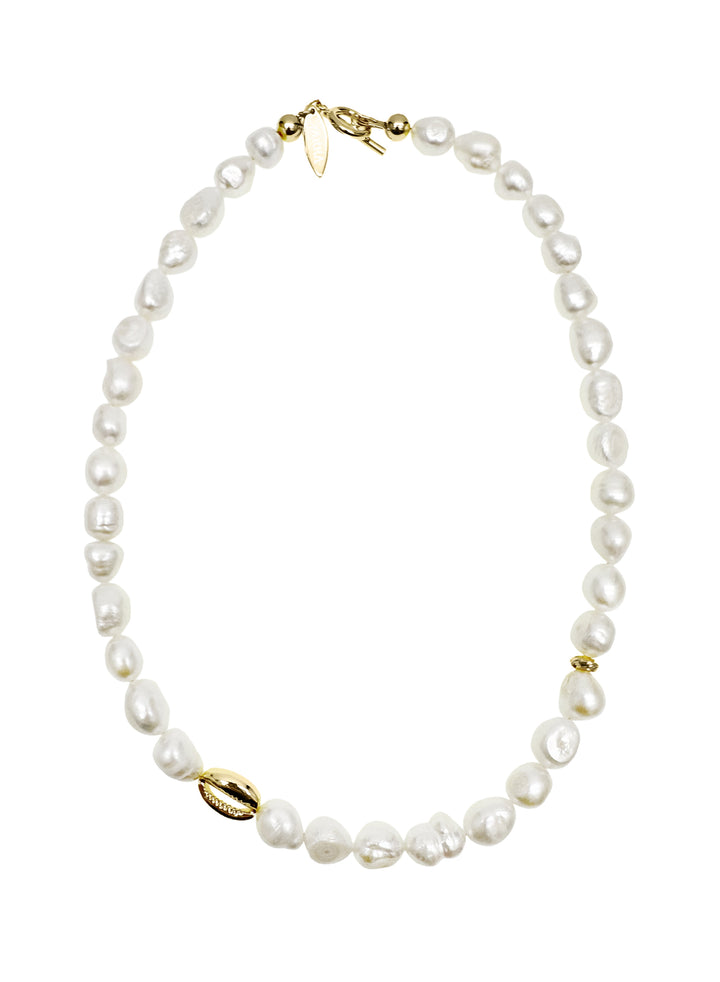 Irregular Freshwater Pearls with Gold Shell Charm Necklace LN055 - FARRA