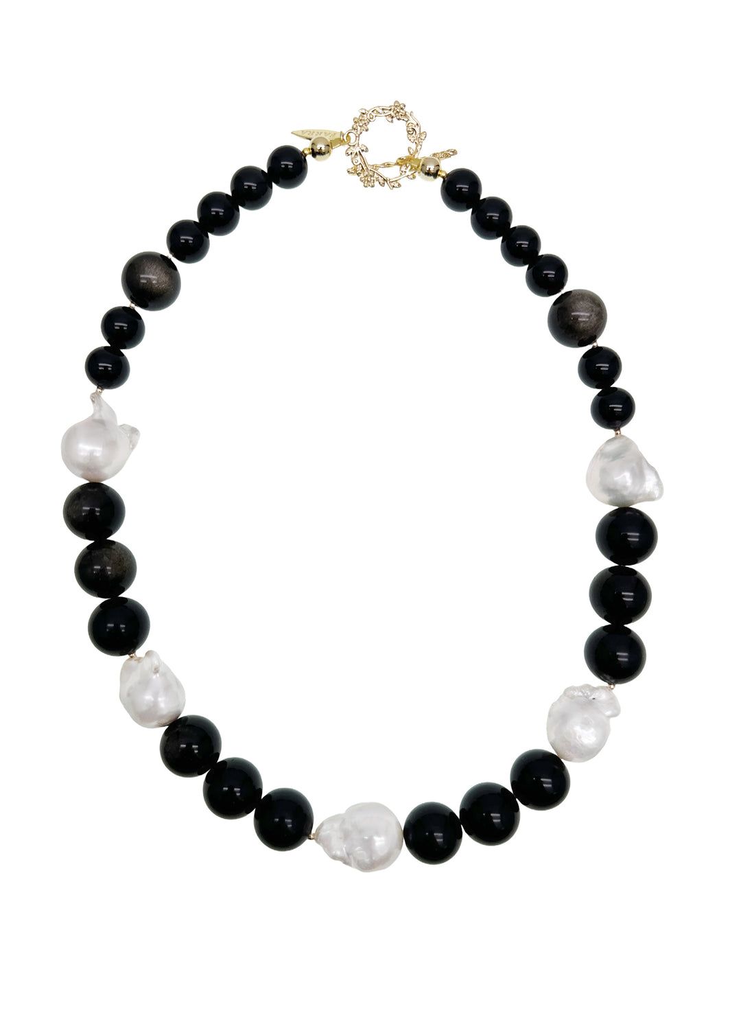Timeless Nugget Black Obsidian with Baroque Pearls Chunky Necklace LN067 - FARRA