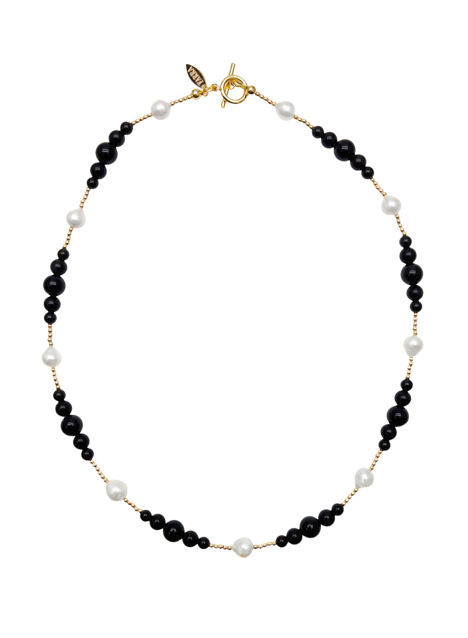 Exquisite Black Obsidian and White Freshwater Pearls Necklace