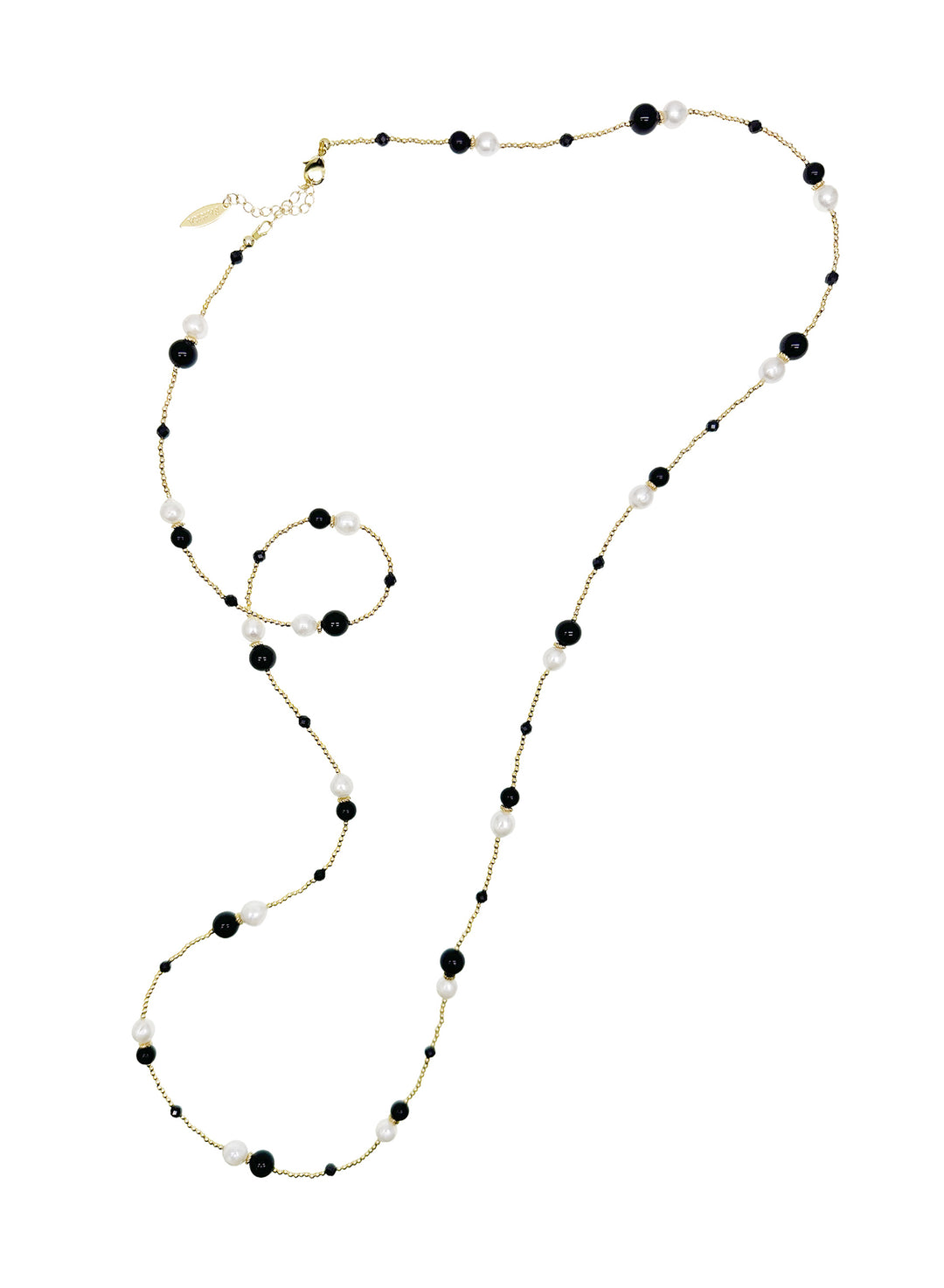 Black Obsidian With Freshwater Pearls Long Necklace LN074 - FARRA