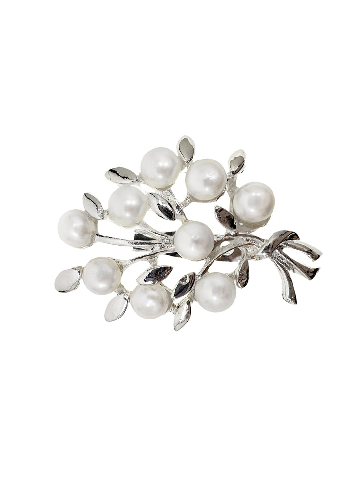 Silver Color Leaf Adorned with Freshwater Pearls Brooch LP006