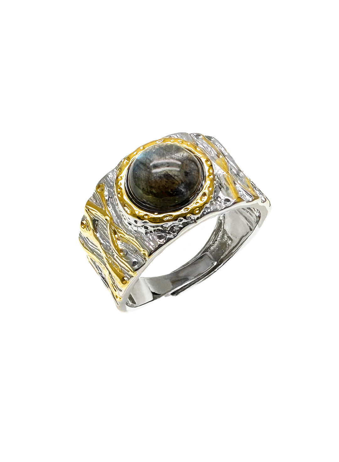 Black Obsidian Stone Platinum Plated Brass Adjustable ring - FARRA